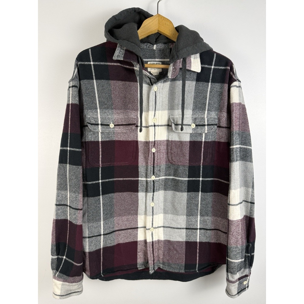 American Eagle Plaid Flannel Button Detachable Hoodie Men's Medium Maroon